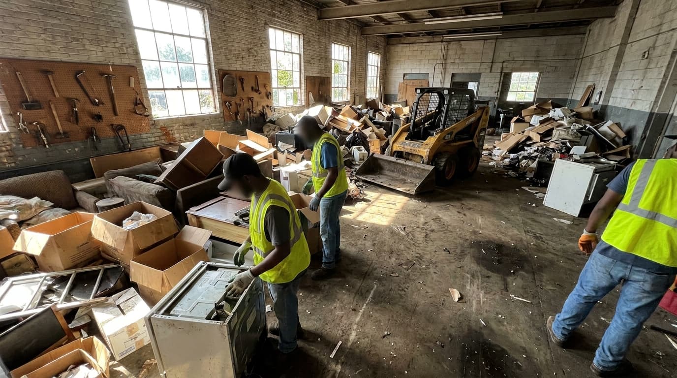 A living room filled with stacked boxes, a mattress, chairs, and household junk before a haul.